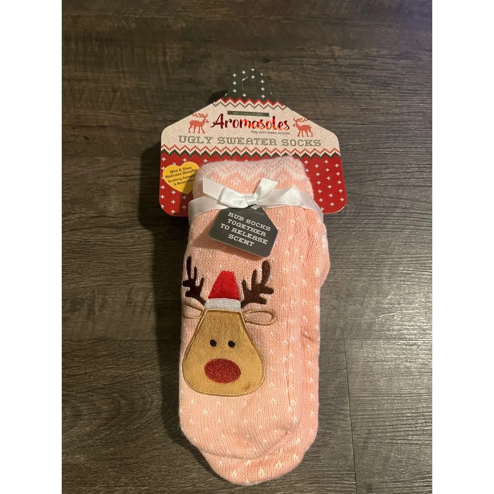 Aromasoles Womens Ugly Sweater Socks Scented Reindeer Pink One Size NWT
